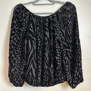 Alice + Olivia Black Velvet Burnout Top S Off The Shoulder Silk Sheer